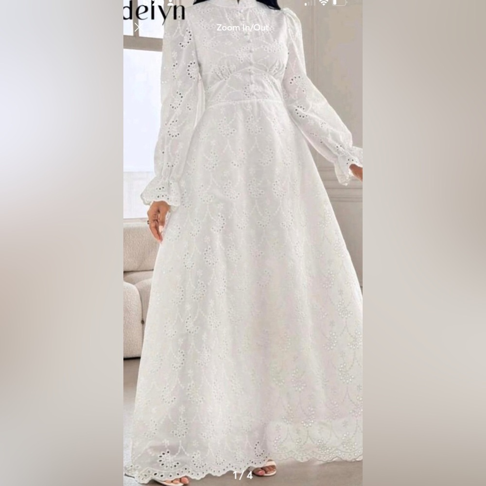 White Pleated Tiered Long Sleeve Bridal Gown